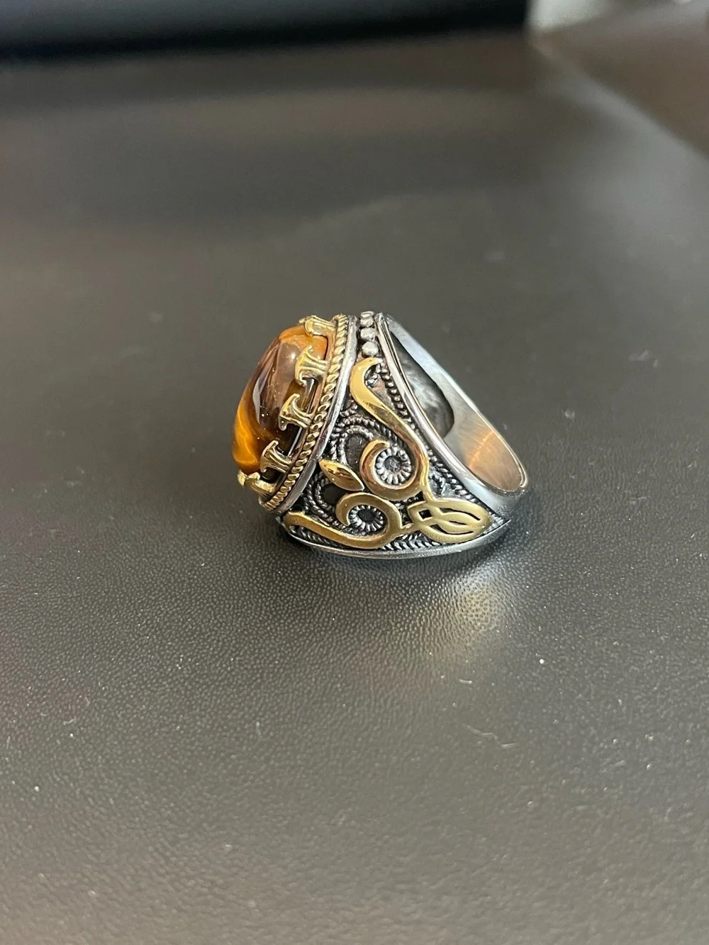 Men's Ornate Tiger Eye Statement Ring - Silver Tone